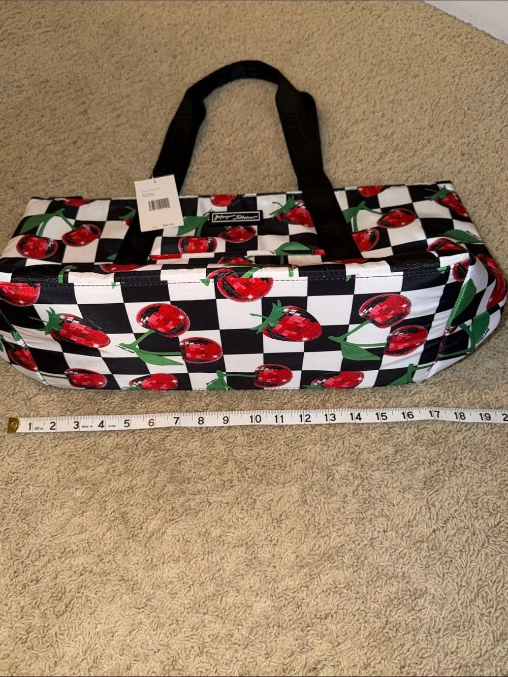 Betsey Johnson Black & White Checkerboard Cherry Tote with Cherry Accessories